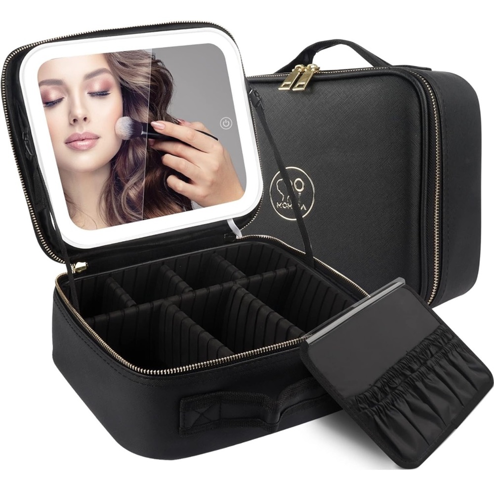 Makeup Bag with Mirror and Light Travel Case Cosmetic Organizer